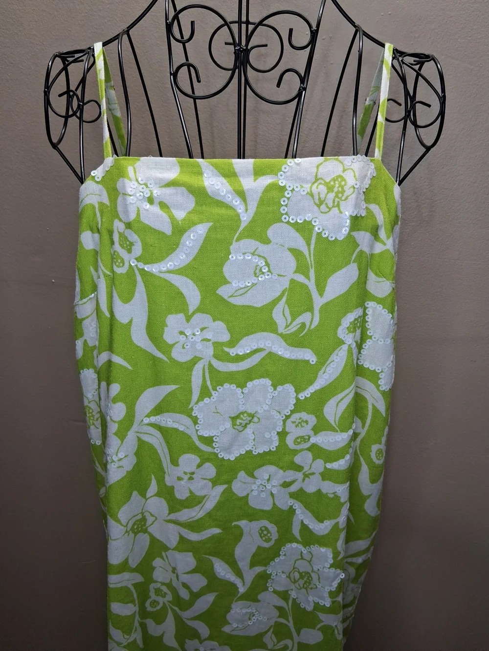 Flora Bea Floral Green Linen & Cotton Dress with Sequins NWT